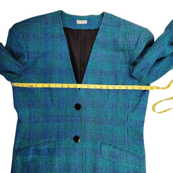 Ann May VTG Silk Blazer Teal Green Sz 14 '80s Shoulder Pads Faux Pockets - Picture 10 of 12